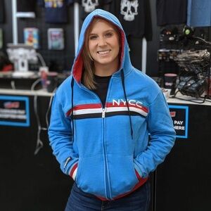 Reed Pop NYCC New York Comic Con blue w/ racer stripes zip hoodie large unisex
